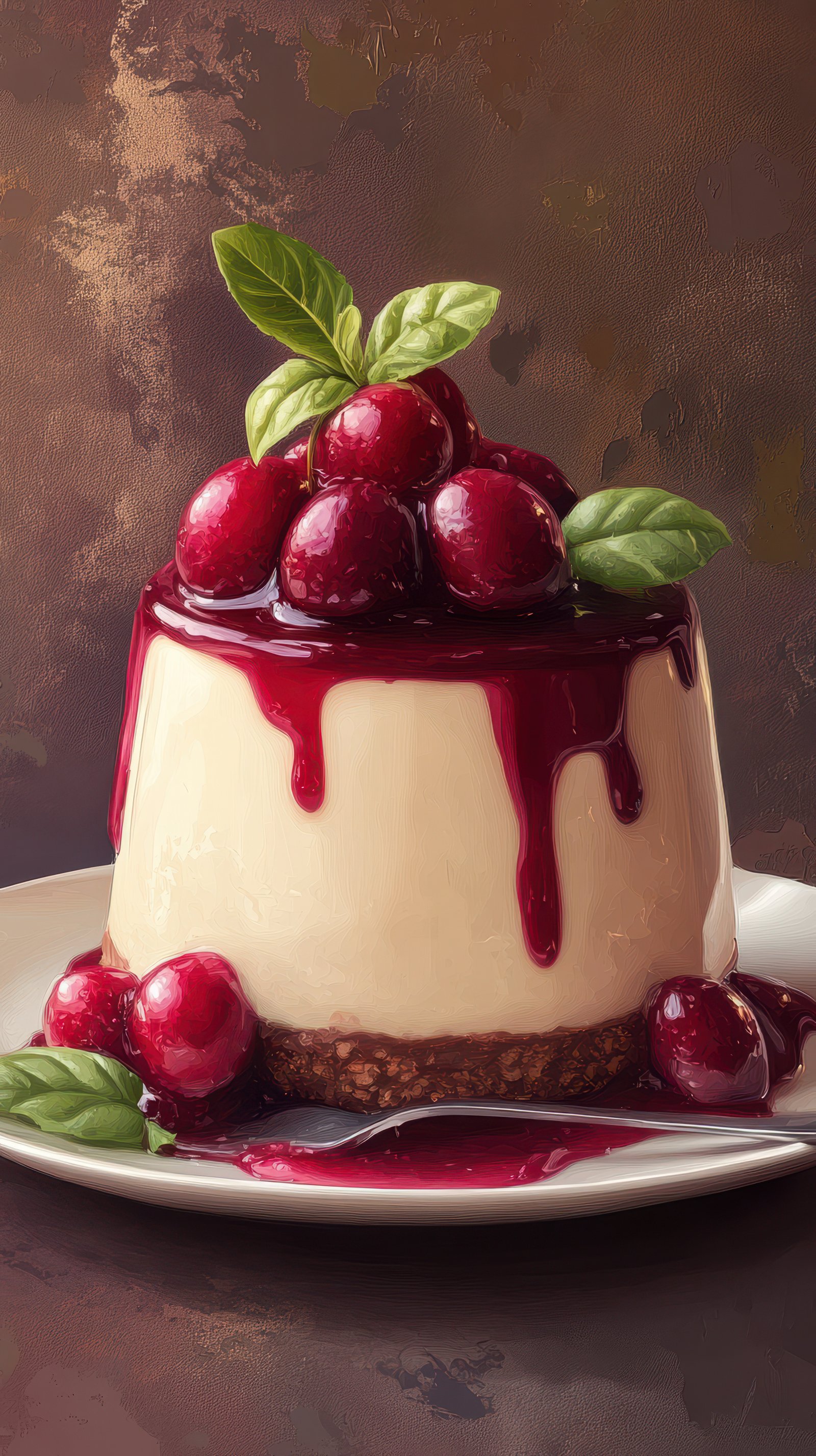 Creamy dessert topped with berry glaze and mint leaves served on white plate